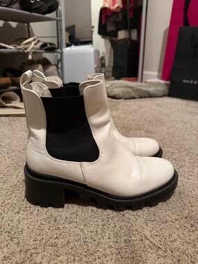 Lulu's White Leather Chelsea Booties with Black Elastic Lug Sole